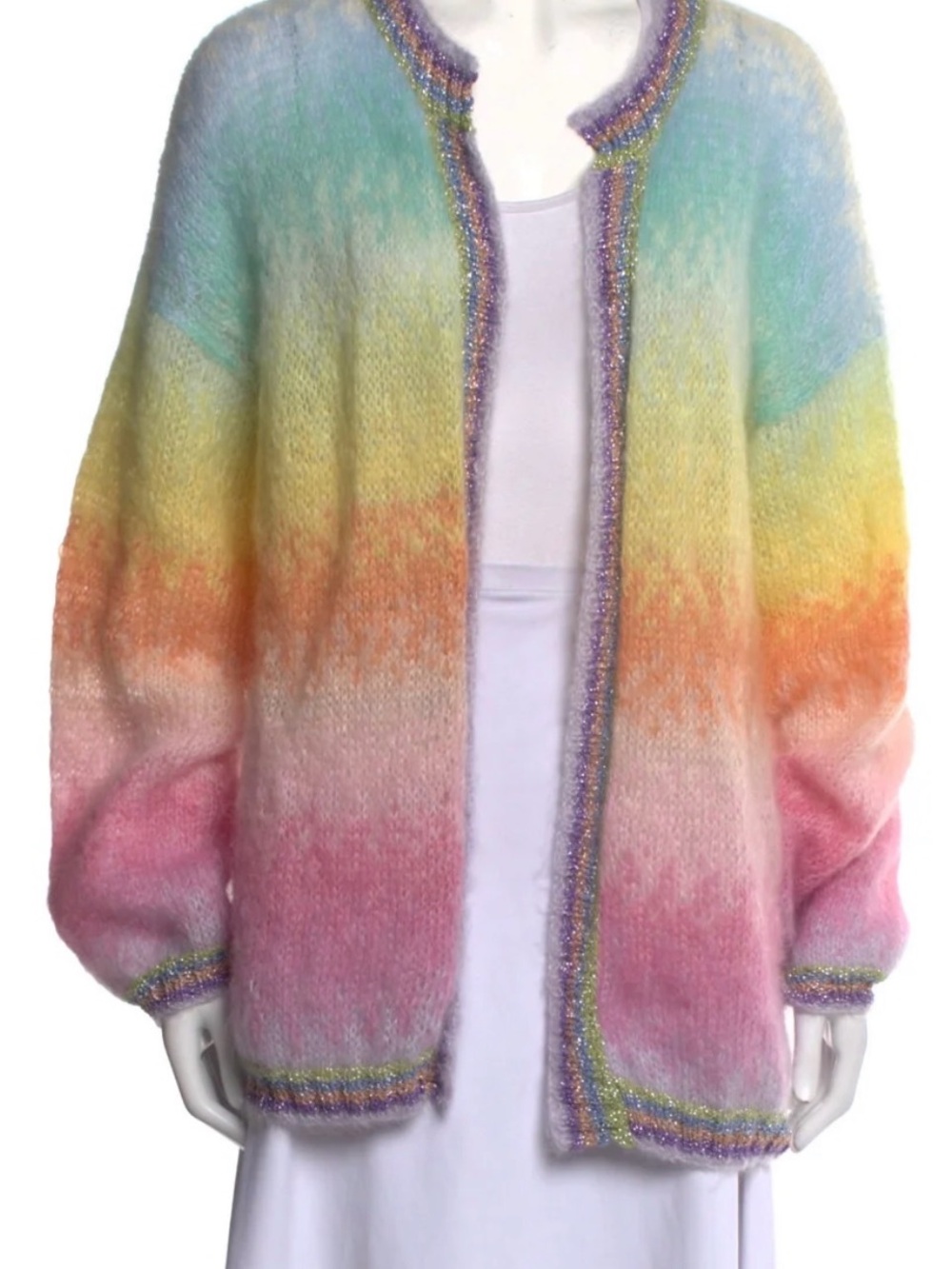Rose Carmine Rainbow Open-Front Mohair Blend Sweater Cardigan